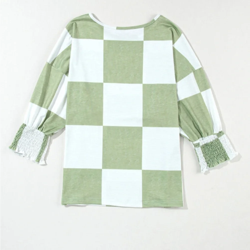 Kacie- green mix checkered print shirred cuffs blouse - Picture 3 of 5